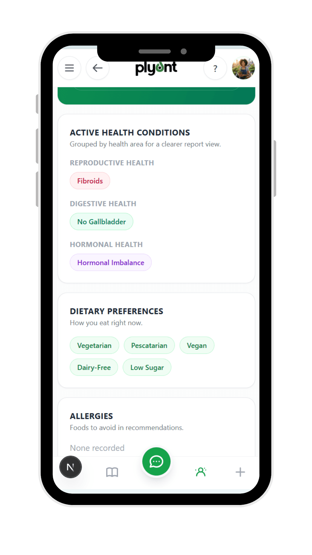 Plyant screen showing your body profile and health context
