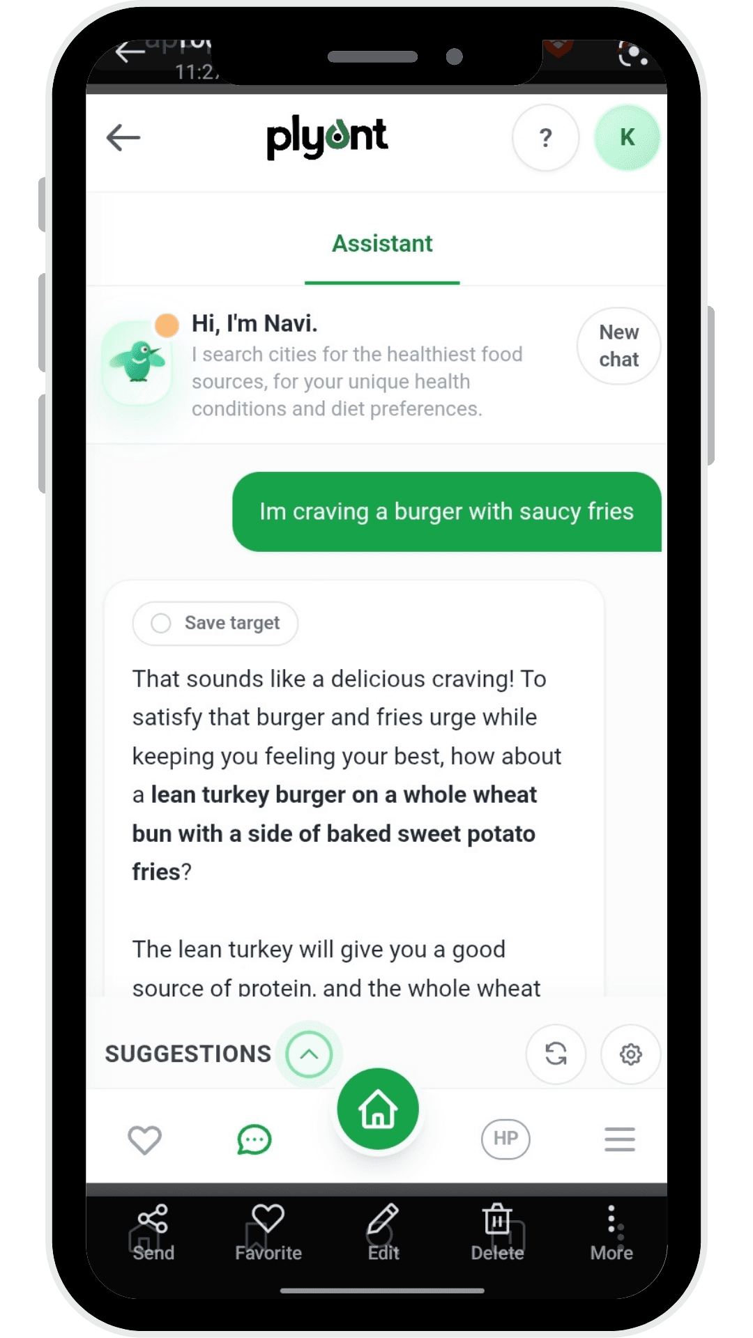 Plyant assistant chat recommending a healthier turkey burger option